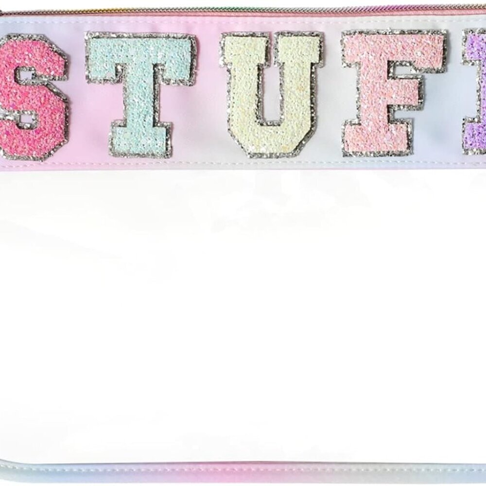 Chenille Letter Clear Zipper Pouch for Travel,Nylon Clear Cosmetic Bag,Makeup Tr